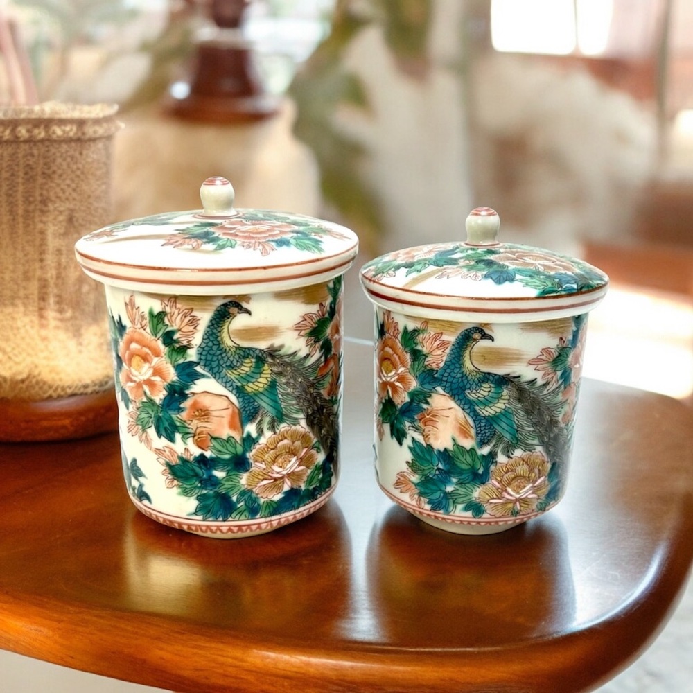 Vintage Japanese Kutani ware set of wedding tea cups with peacock design.